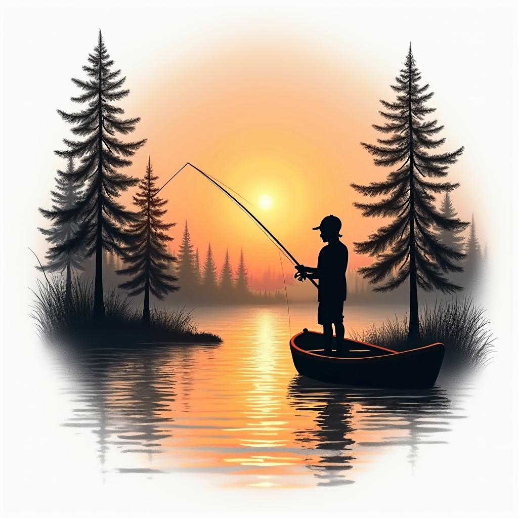 A serene sunset scene depicting a silhouette of a father and child fishing together, surrounded by calm waters and gentle trees, capturing the essence of peace and quiet in nature, with warm, soothing colors reflecting the quiet beauty of fishing memories.higly detailed tattoo