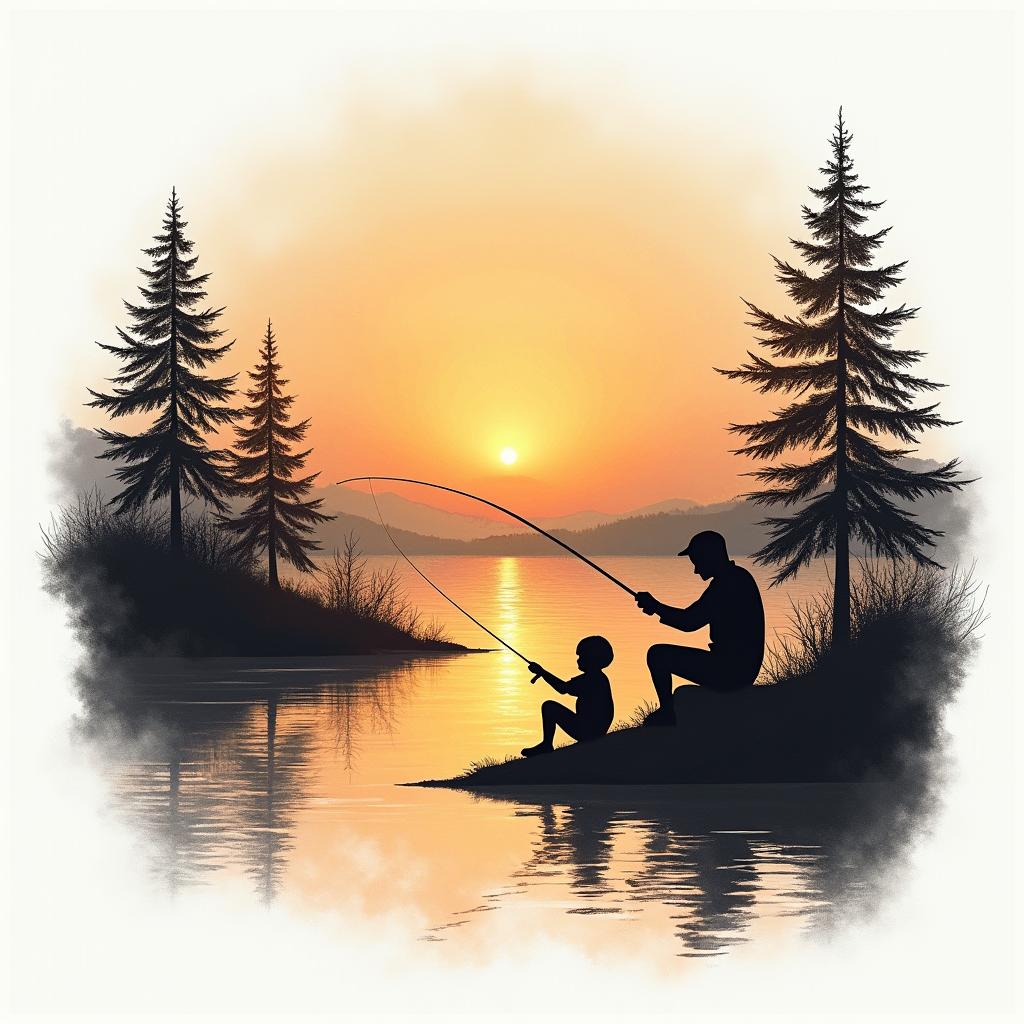 A serene sunset scene depicting a silhouette of a father and child fishing together, surrounded by calm waters and gentle trees, capturing the essence of peace and quiet in nature, with warm, soothing colors reflecting the quiet beauty of fishing memories.higly detailed tattoo - Variation 3