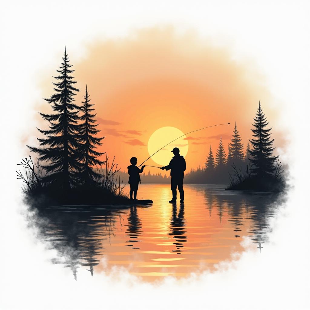 A serene sunset scene depicting a silhouette of a father and child fishing together, surrounded by calm waters and gentle trees, capturing the essence of peace and quiet in nature, with warm, soothing colors reflecting the quiet beauty of fishing memories.higly detailed tattoo - Variation 2