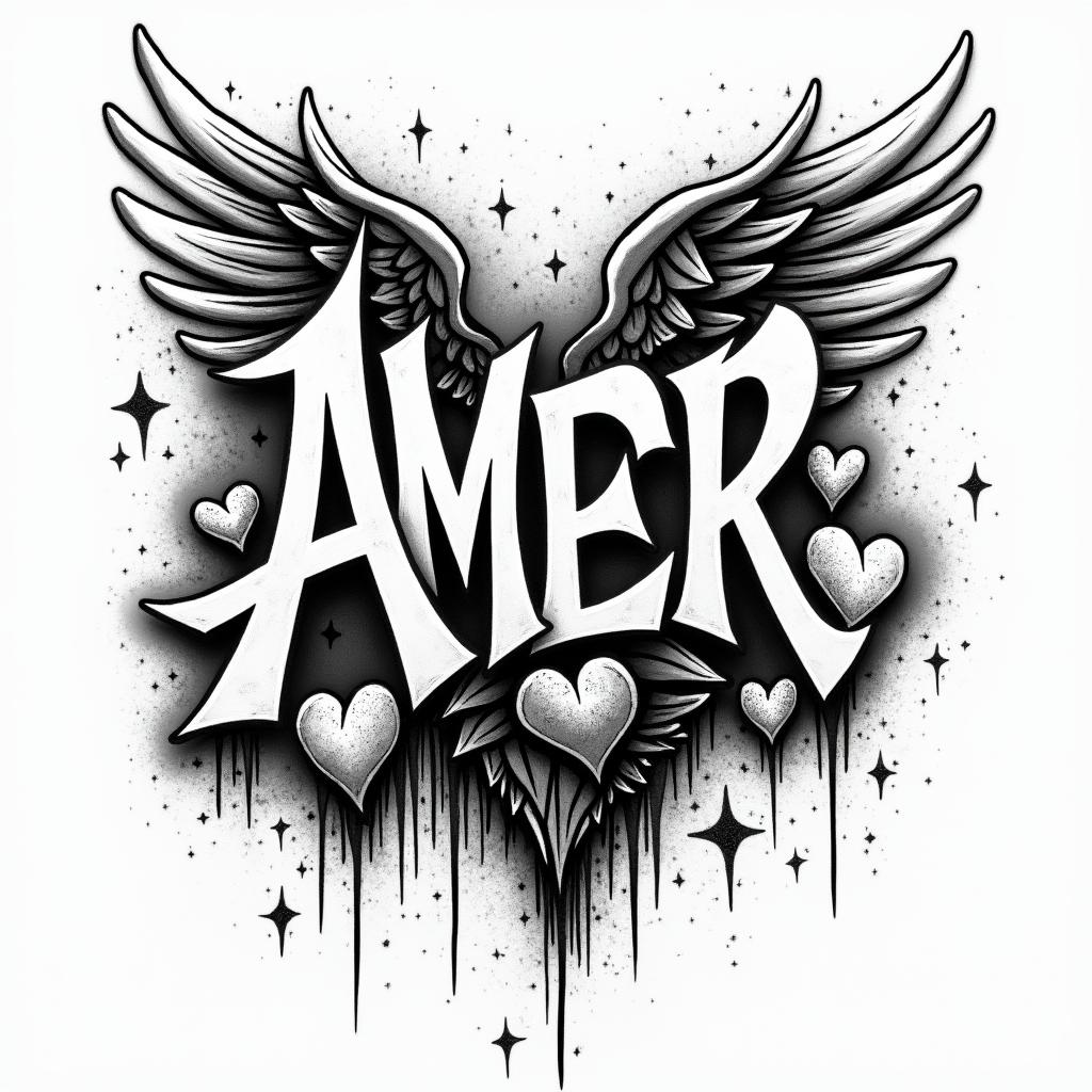 Amberin graffiti style tattoo, featuring bold and dynamic street art elements, spray-paint texture with exaggerated lines and expressive, chaotic brushstrokes, intricate lettering incorporated with graffiti tags, symbols like hearts, stars, and wings