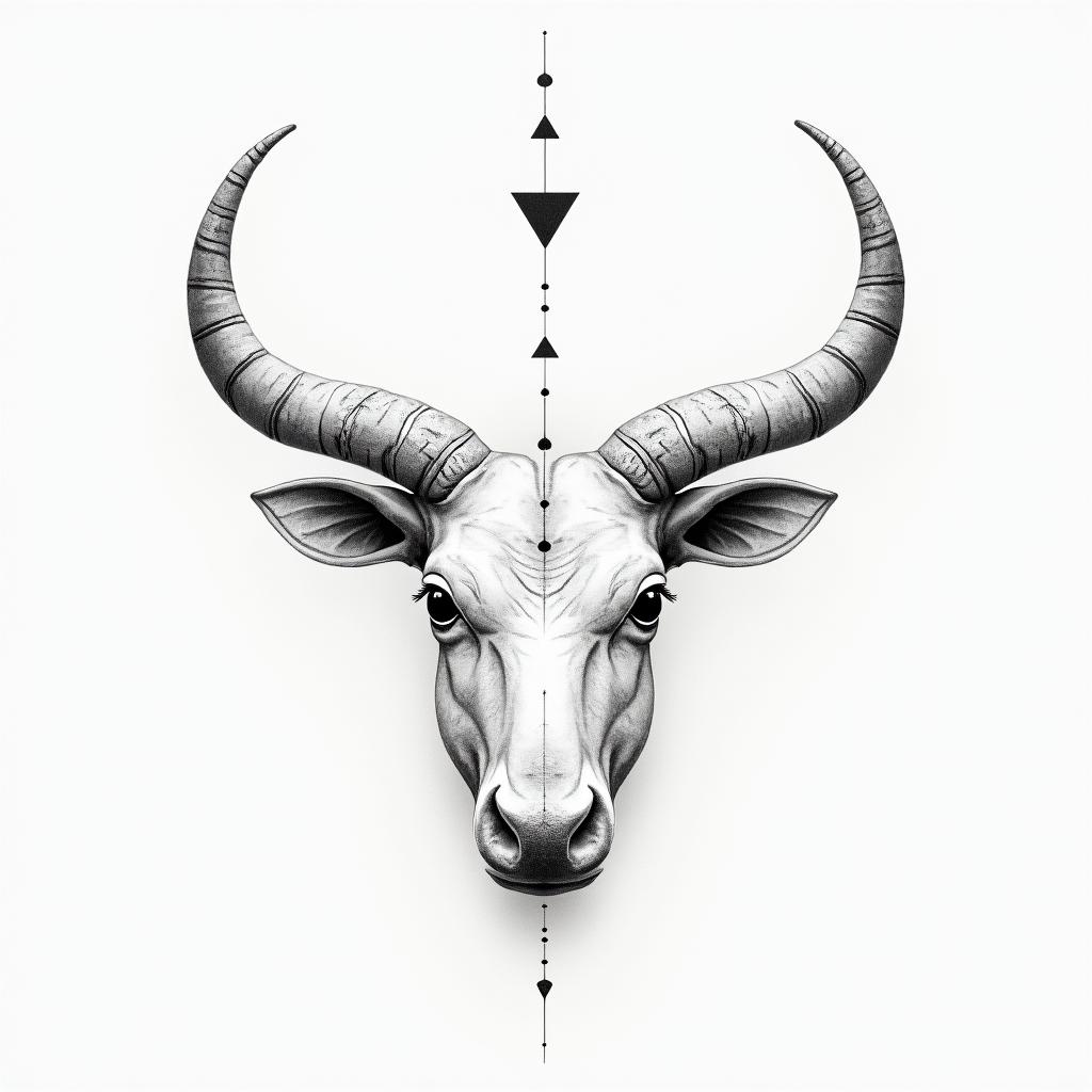 Taurus and Aquariusin minimalist style tattoo, featuring simple shapes and fine lines, with minimal shading and details, tiny triangles, creating a sense of balance and harmony - Variation 4