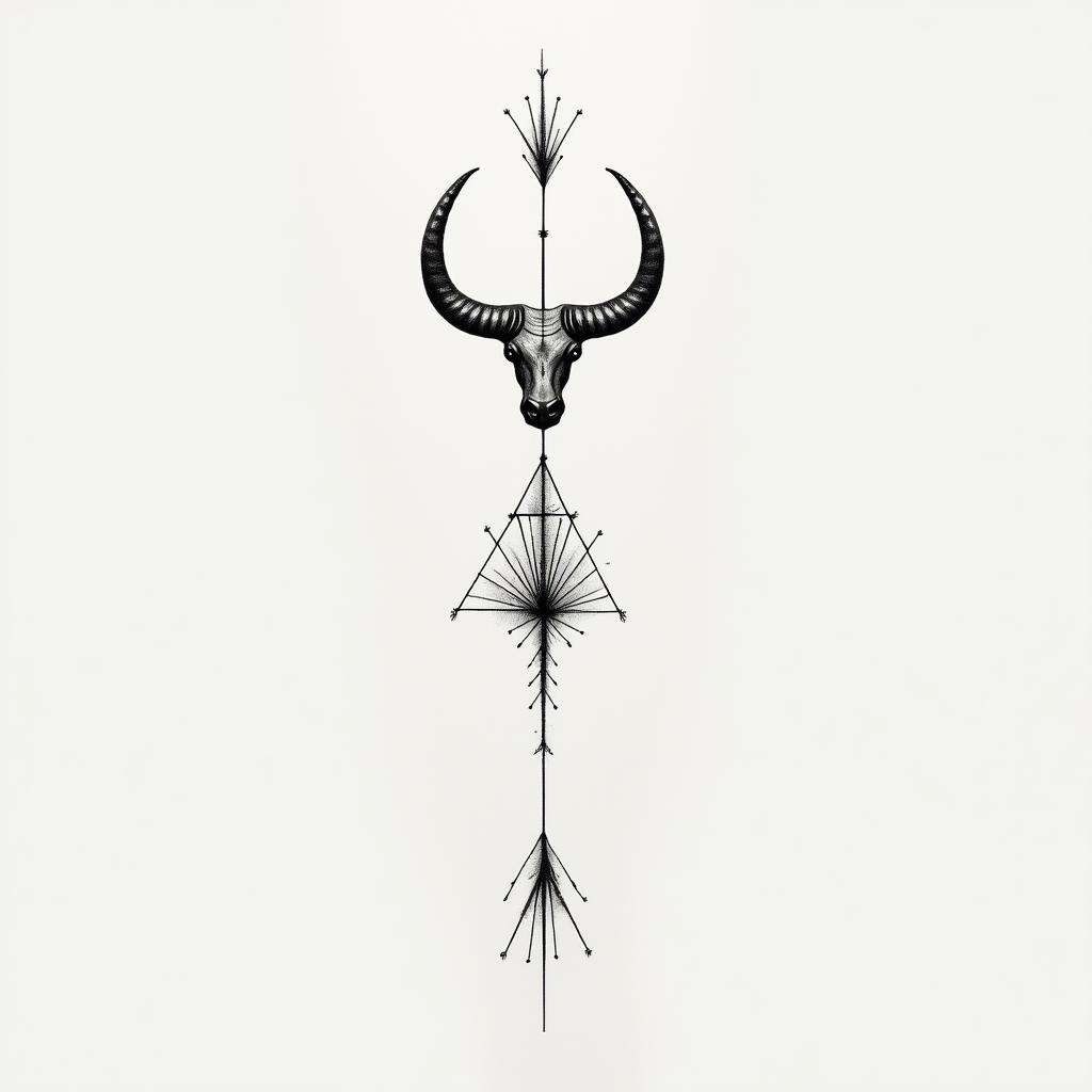 Taurus and Aquariusin minimalist style tattoo, featuring simple shapes and fine lines, with minimal shading and details, tiny triangles, creating a sense of balance and harmony