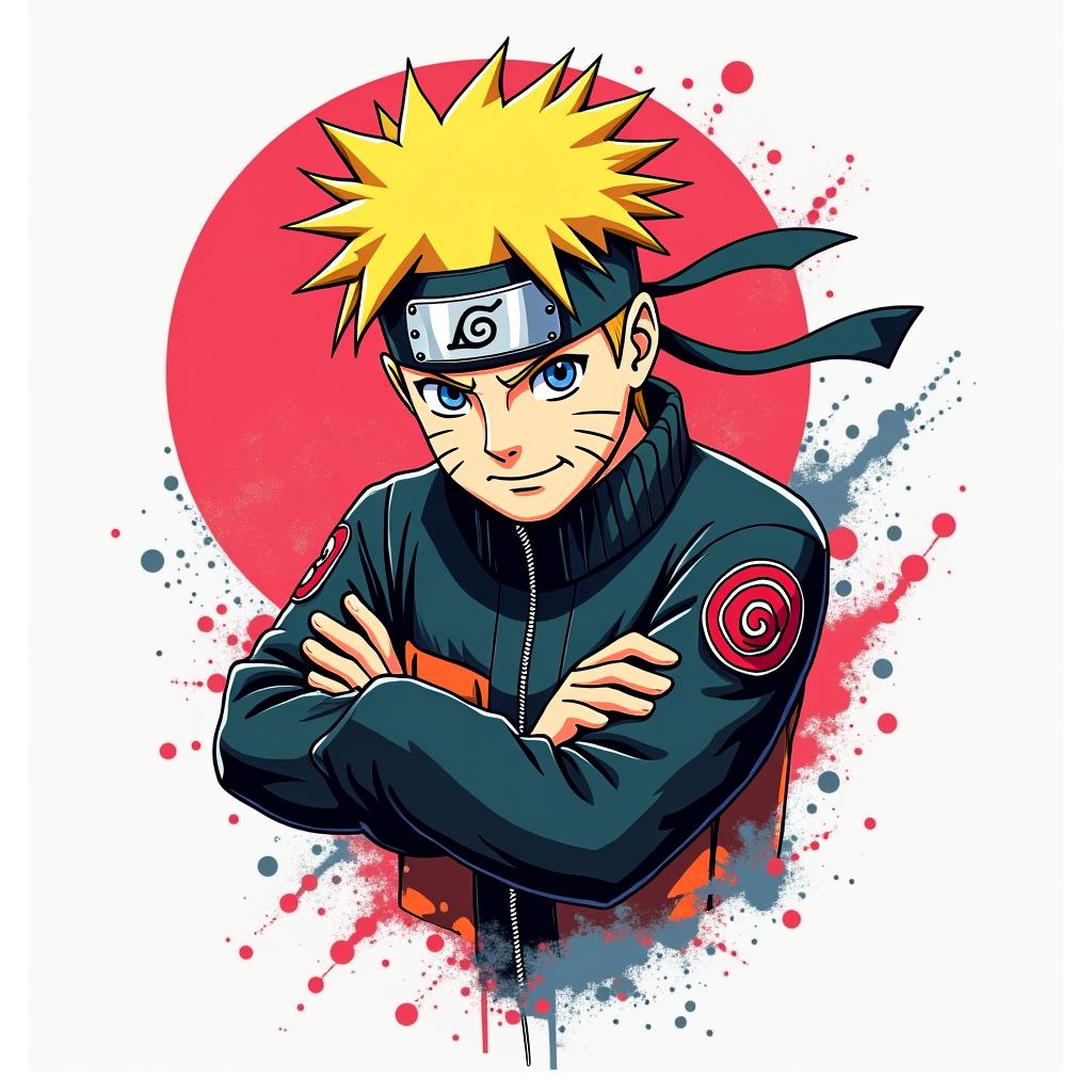 Narutoin pop art style tattoo, featuring bold and vibrant colors, exaggerated outlines, iconic imagery, inspired by comic books and speech bubbles, comic book characters, retro pop culture