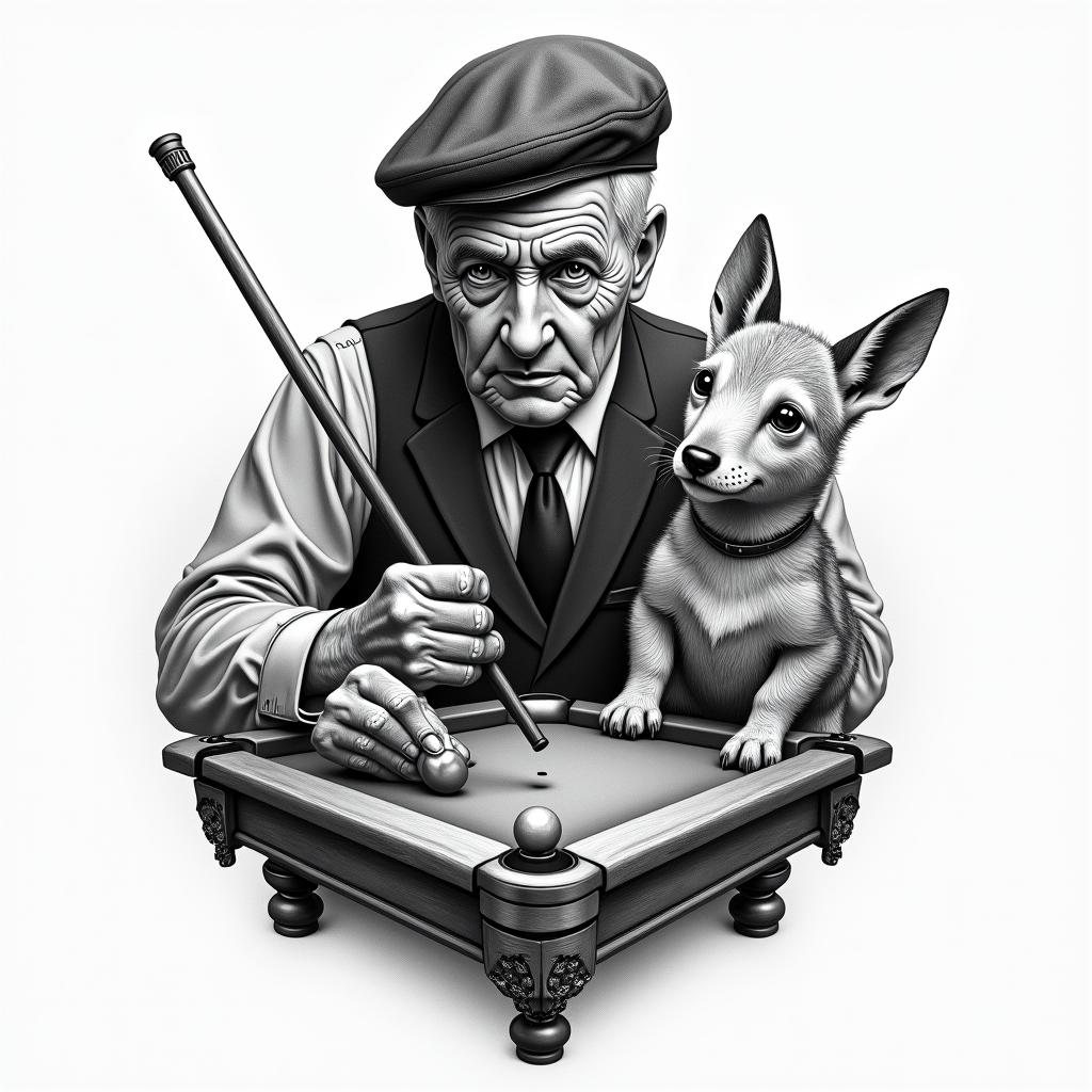 A tribute to the deceased grandfather, featuring elements of a billiards game, including a cue and a pool table, a distinctive cap, surrounded by animals he liked, symbolizing the connection and special moments together, in a vintage and emotional style.higly detailed tattoo - Variation 4