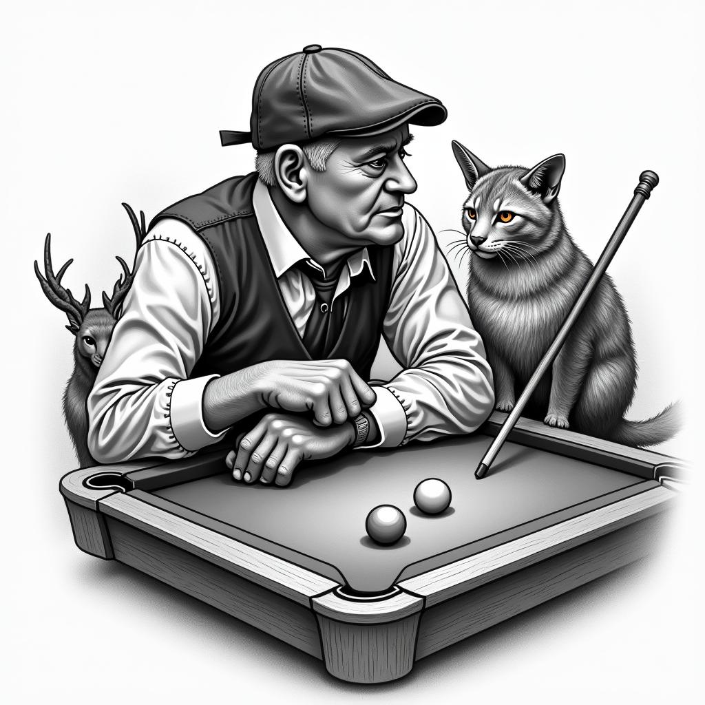 A tribute to the deceased grandfather, featuring elements of a billiards game, including a cue and a pool table, a distinctive cap, surrounded by animals he liked, symbolizing the connection and special moments together, in a vintage and emotional style.higly detailed tattoo - Variation 3