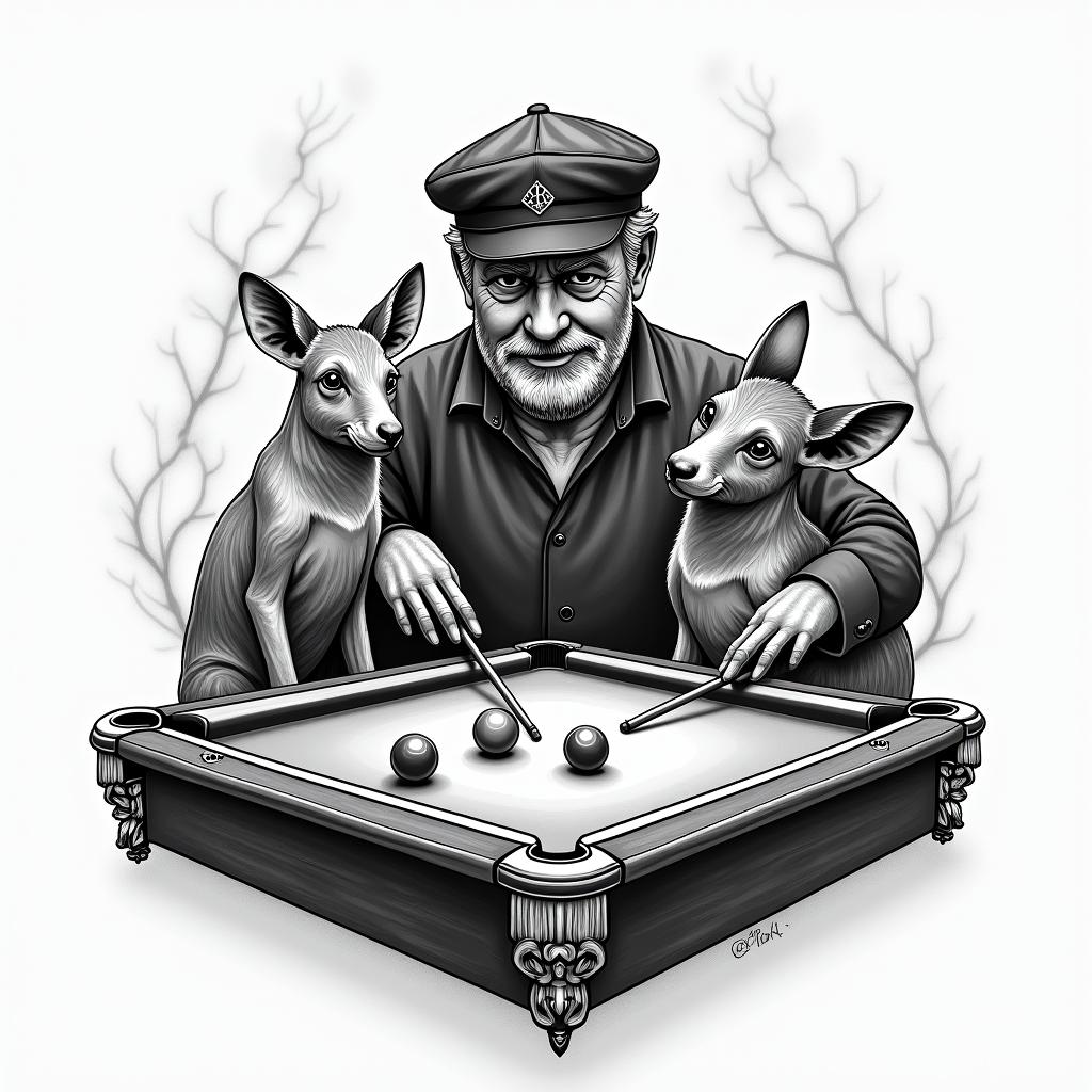 A tribute to the deceased grandfather, featuring elements of a billiards game, including a cue and a pool table, a distinctive cap, surrounded by animals he liked, symbolizing the connection and special moments together, in a vintage and emotional style.higly detailed tattoo - Variation 2