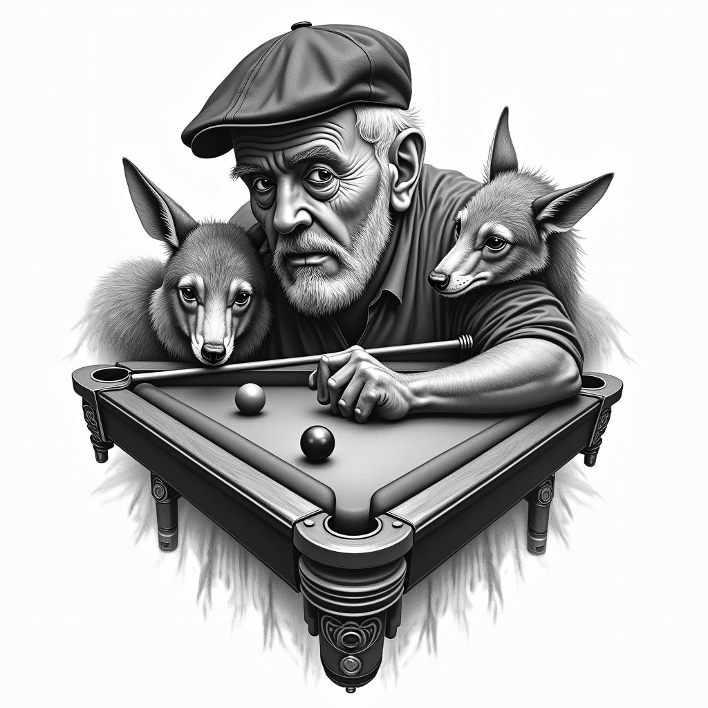 A tribute to the deceased grandfather, featuring elements of a billiards game, including a cue and a pool table, a distinctive cap, surrounded by animals he liked, symbolizing the connection and special moments together, in a vintage and emotional style.higly detailed tattoo