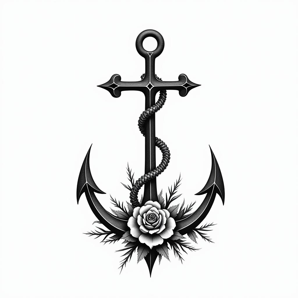 Anchor entwined with roses and thorns. Adventure, freedom, mountain, road. Tattoo for man. Stong, geometric line,in minimalist style tattoo, featuring simple shapes and fine lines, with minimal shading and details, tiny triangles, creating a sense of balance and harmony - Variation 2