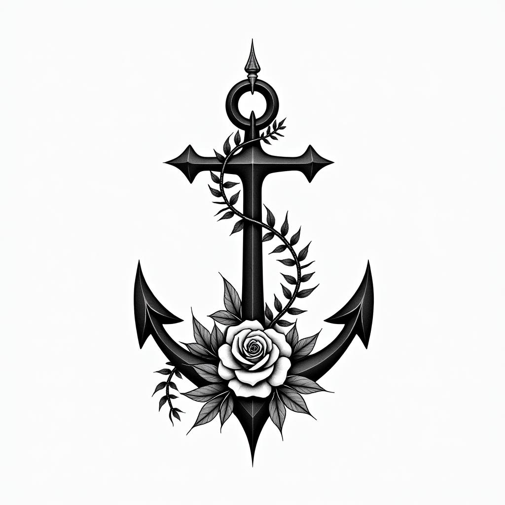 Anchor entwined with roses and thorns. Adventure, freedom, mountain, road. Tattoo for man. Stong, geometric line,in minimalist style tattoo, featuring simple shapes and fine lines, with minimal shading and details, tiny triangles, creating a sense of balance and harmony - Variation 4