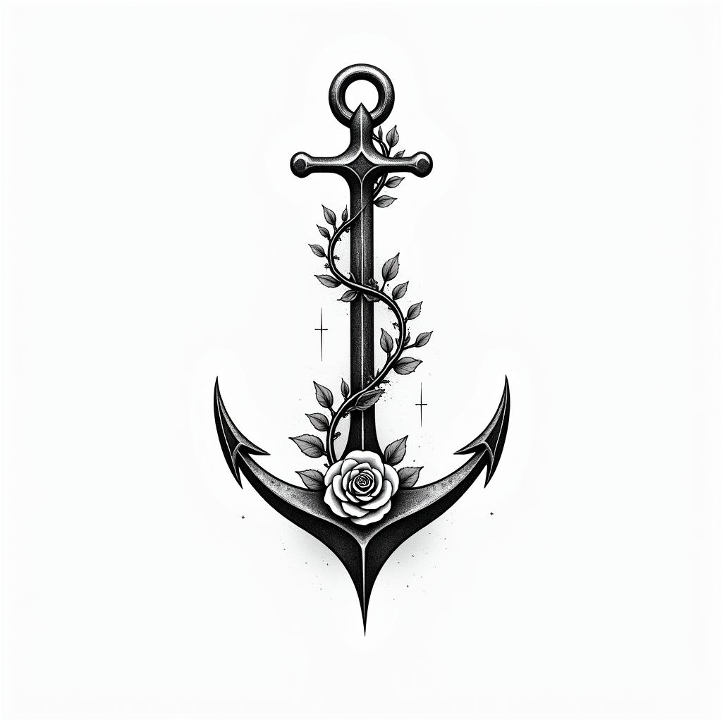 Anchor entwined with roses and thorns. Adventure, freedom, mountain, road. Tattoo for man. Stong, geometric line,in minimalist style tattoo, featuring simple shapes and fine lines, with minimal shading and details, tiny triangles, creating a sense of balance and harmony