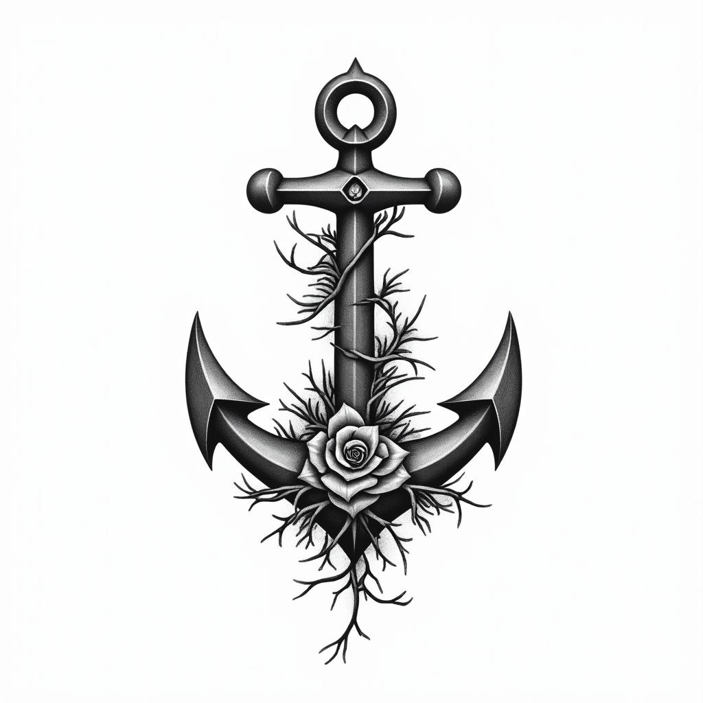 Anchor entwined with roses and thorns. Adventure, freedom, mountain, road. Tattoo for man. Stong, geometric line,in minimalist style tattoo, featuring simple shapes and fine lines, with minimal shading and details, tiny triangles, creating a sense of balance and harmony - Variation 3
