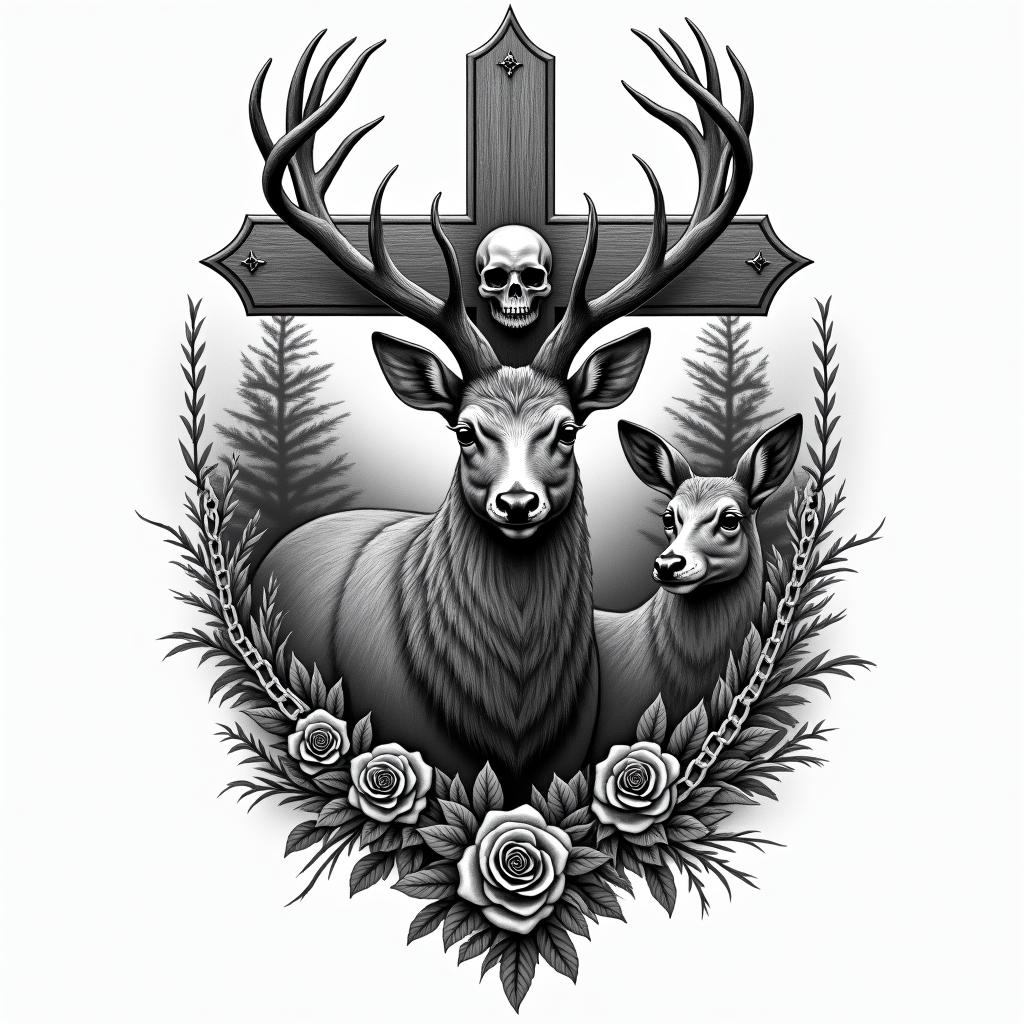 Buck and doe deer in woodsin chicano style tattoo, featuring intricate black and grey shading, bold elements of traditional chicano culture symbols, add a big cross with skull, chains and roses - Variation 3