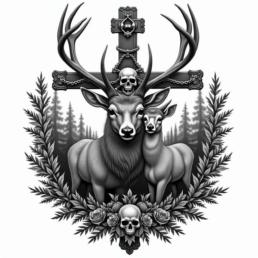 Buck and doe deer in woodsin chicano style tattoo, featuring intricate black and grey shading, bold elements of traditional chicano culture symbols, add a big cross with skull, chains and roses - Variation 2