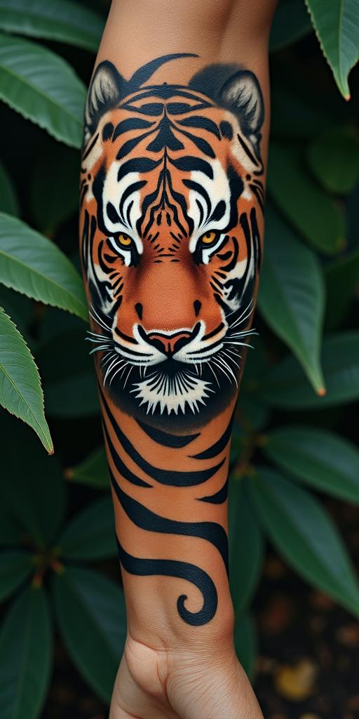 Tiger with intense eyes in a junglein bohemian style tattoo, 8k - Variation 6
