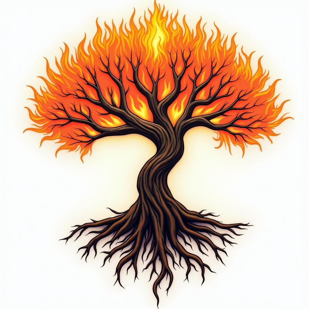 Tree of life with roots and branchesin flame tattoo style showcasing fiery elements with dynamic flame patterns, glowing effect of flames, natural colors - Variation 7