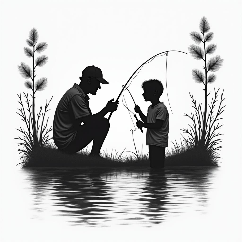 Silhouettes of a dad and son fishing together, capturing their bond, with a serene stream in the background, featuring gentle water ripples and reflections of trees, evoking a sense of love and connection to nature.higly detailed tattoo - Variation 4