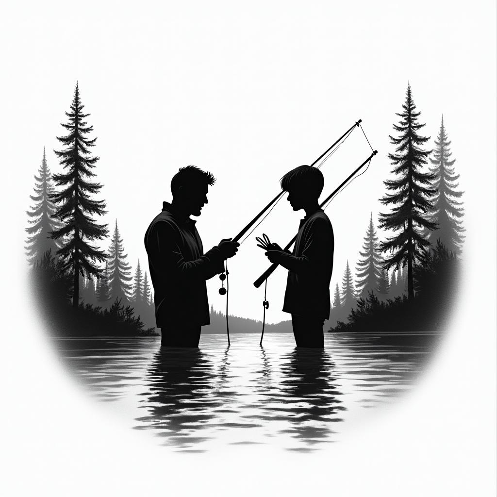 Silhouettes of a dad and son fishing together, capturing their bond, with a serene stream in the background, featuring gentle water ripples and reflections of trees, evoking a sense of love and connection to nature.higly detailed tattoo - Variation 3