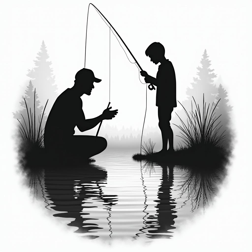 Silhouettes of a dad and son fishing together, capturing their bond, with a serene stream in the background, featuring gentle water ripples and reflections of trees, evoking a sense of love and connection to nature.higly detailed tattoo - Variation 2