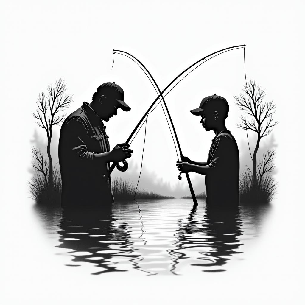Silhouettes of a dad and son fishing together, capturing their bond, with a serene stream in the background, featuring gentle water ripples and reflections of trees, evoking a sense of love and connection to nature.higly detailed tattoo