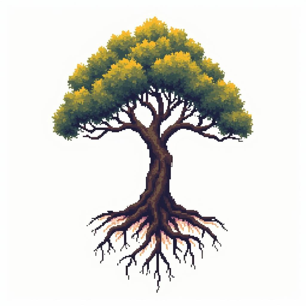 Tree of life with roots and branchesin 8-bit tattoo style, minimalistic pixel style tattoo, pixel art with simplified shapes and retro gaming visuals, inspired by 8-bit pixel based detailing