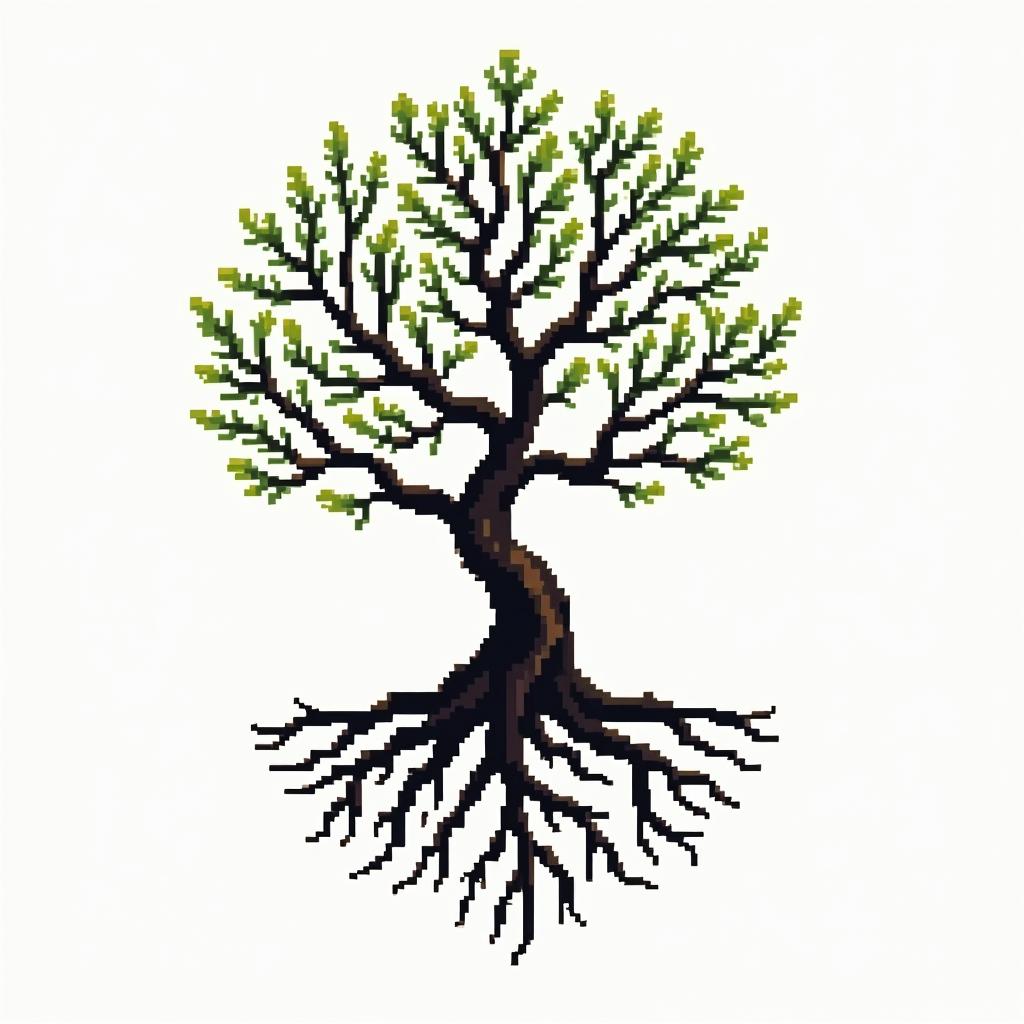 Tree of life with roots and branchesin 8-bit tattoo style, minimalistic pixel style tattoo, pixel art with simplified shapes and retro gaming visuals, inspired by 8-bit pixel based detailing - Variation 4