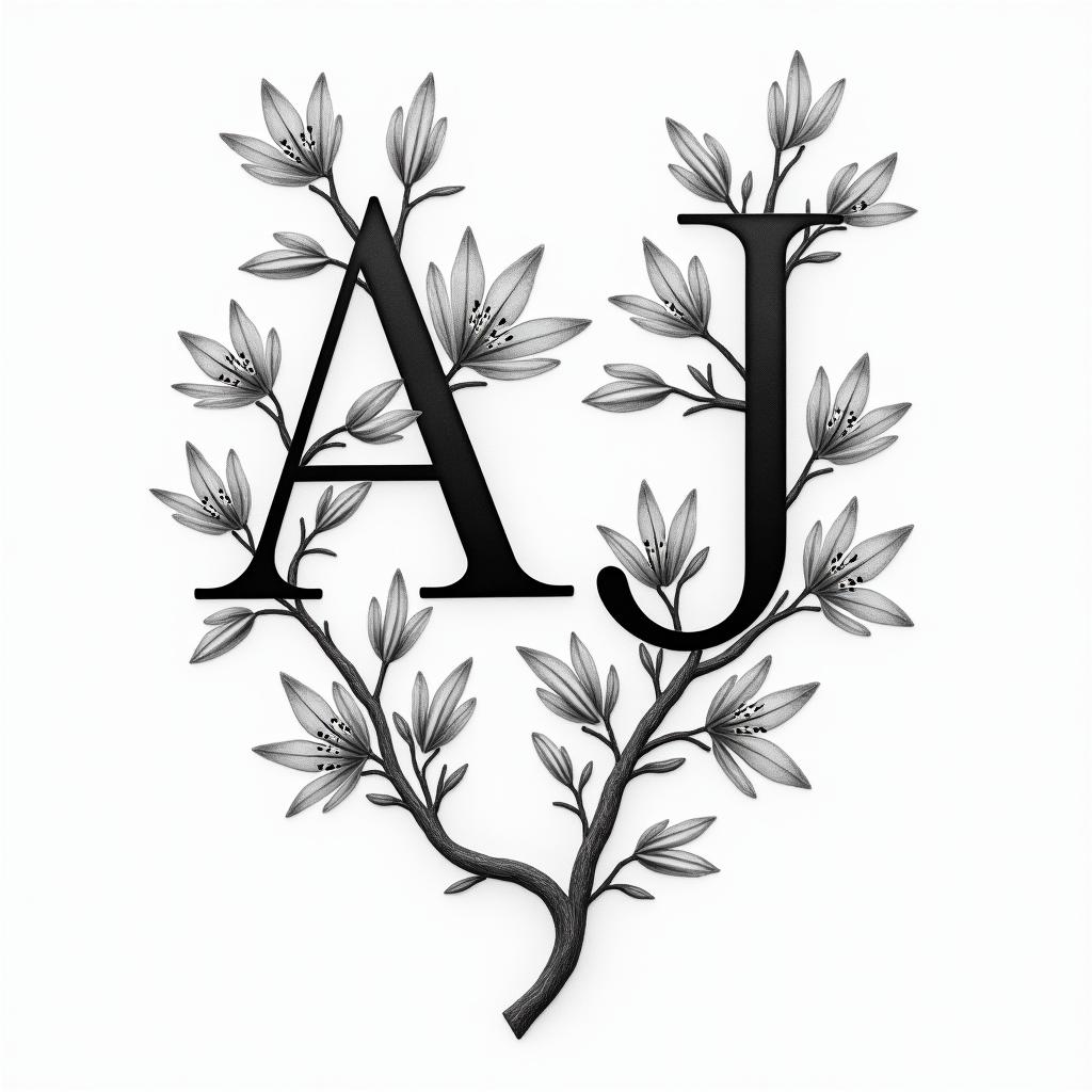 A beautiful tattoo design featuring vine branches adorned with lily flowers and small butterflies positioned alternately. The tattoo also includes the letters A, J, and B, symbolizing family, without specific colors, creating a harmonious and free-flowing composition.higly detailed tattoo - Variation 4