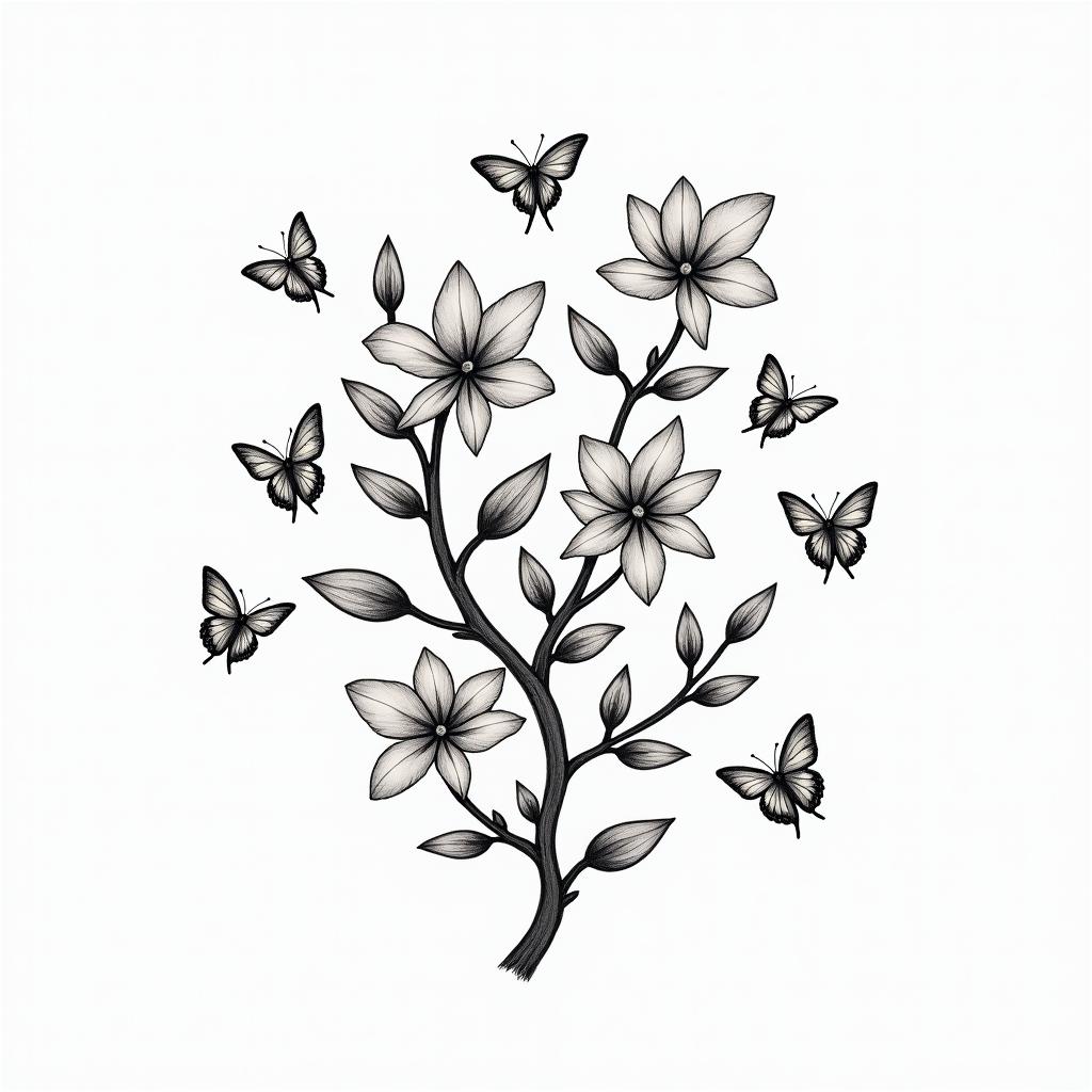 A beautiful tattoo design featuring vine branches adorned with lily flowers and small butterflies positioned alternately. The tattoo also includes the letters A, J, and B, symbolizing family, without specific colors, creating a harmonious and free-flowing composition.higly detailed tattoo