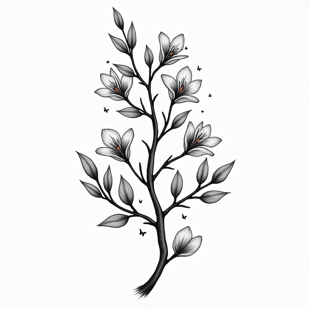 A beautiful tattoo design featuring vine branches adorned with lily flowers and small butterflies positioned alternately. The tattoo also includes the letters A, J, and B, symbolizing family, without specific colors, creating a harmonious and free-flowing composition.higly detailed tattoo - Variation 3