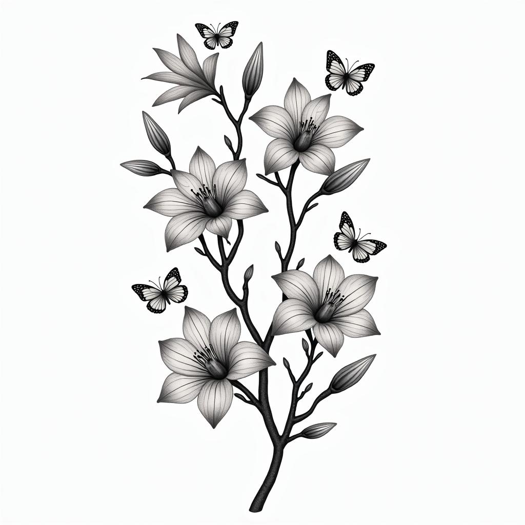 A beautiful tattoo design featuring vine branches adorned with lily flowers and small butterflies positioned alternately. The tattoo also includes the letters A, J, and B, symbolizing family, without specific colors, creating a harmonious and free-flowing composition.higly detailed tattoo - Variation 2
