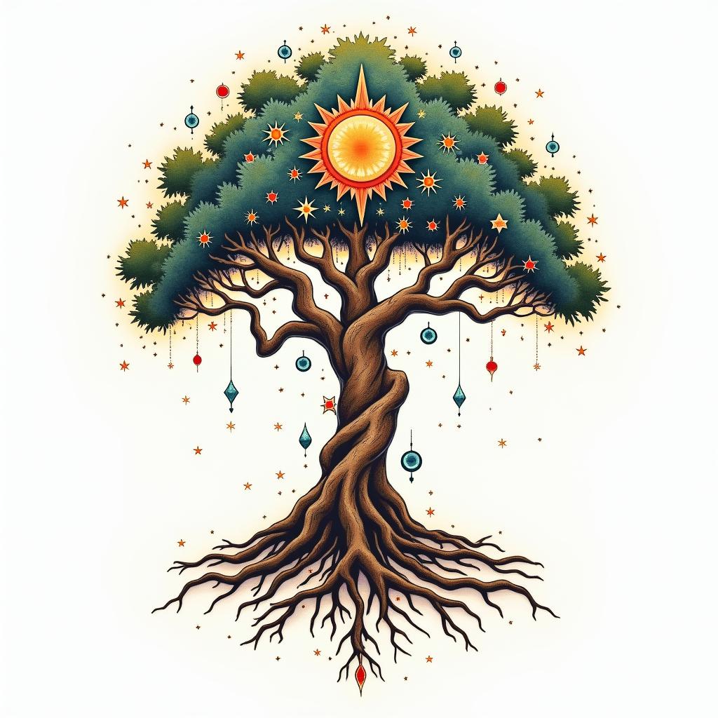 Tree of life with roots and branchesin prophecy tattoo style, featuring mystical symbols, celestial imagery like stars, moons, suns, geometric patterns, foretelling elements, an eye of wisdom - Variation 2