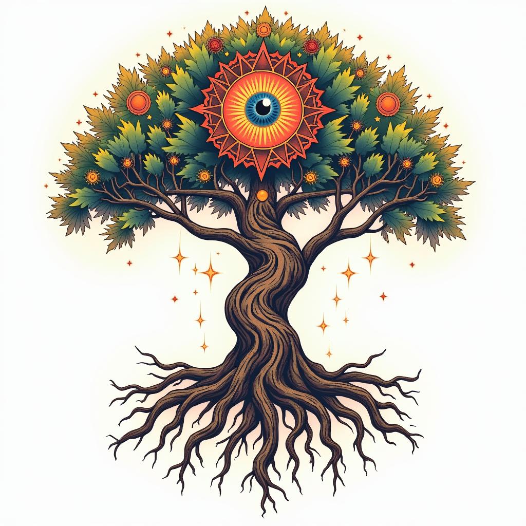 Tree of life with roots and branchesin prophecy tattoo style, featuring mystical symbols, celestial imagery like stars, moons, suns, geometric patterns, foretelling elements, an eye of wisdom - Variation 4