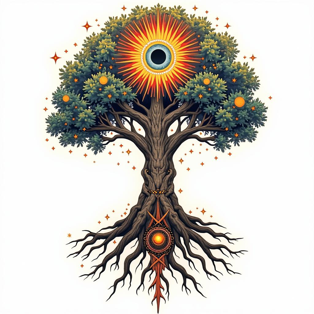 Tree of life with roots and branchesin prophecy tattoo style, featuring mystical symbols, celestial imagery like stars, moons, suns, geometric patterns, foretelling elements, an eye of wisdom