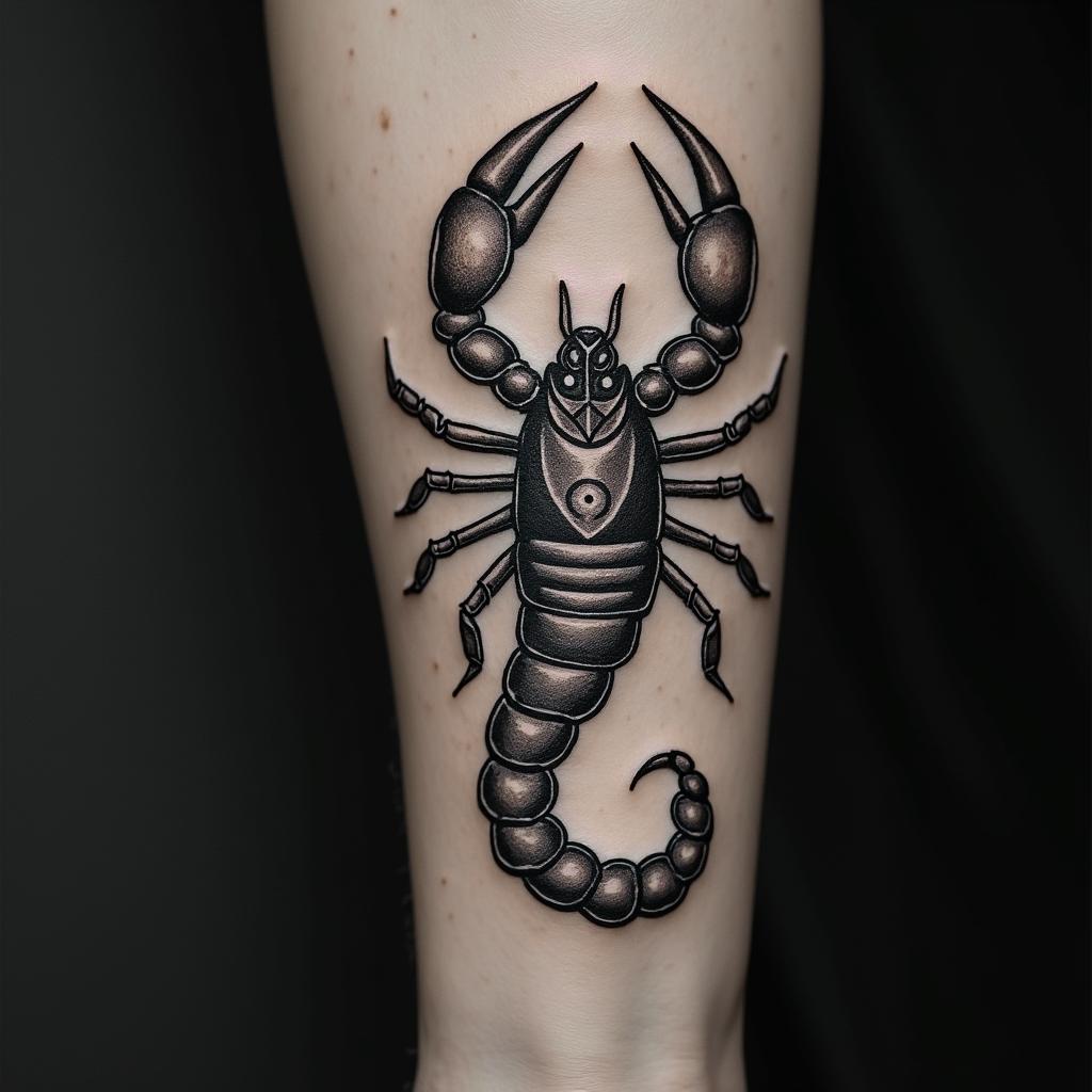 Scorpion with sharp, detailed clawsin paganic style tattoo, featuring ancient symbols, add vegvisir symbol, mystical figures, incorporating designs, pentagrams, runes, crescent moons, - Variation 3