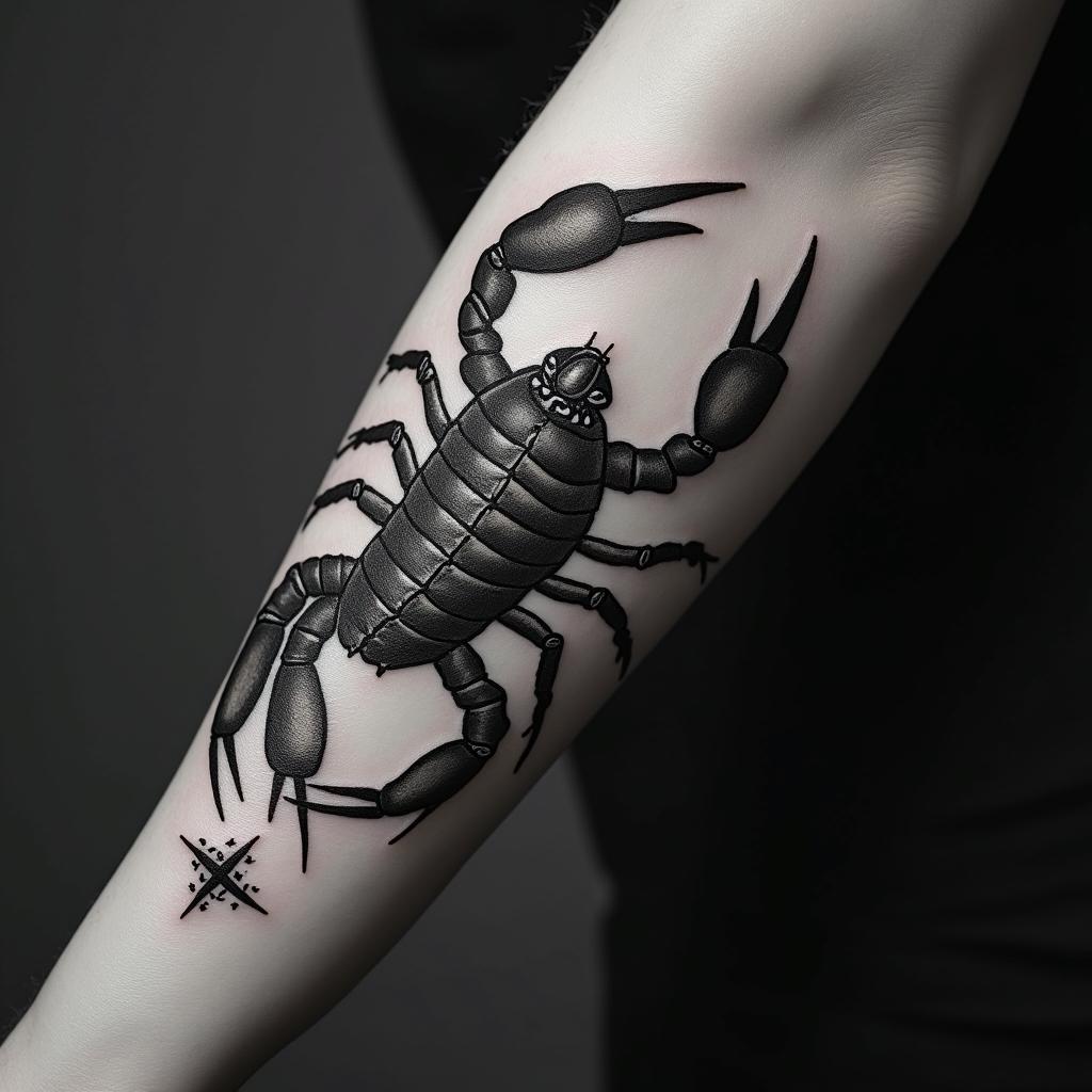 Scorpion with sharp, detailed clawsin paganic style tattoo, featuring ancient symbols, add vegvisir symbol, mystical figures, incorporating designs, pentagrams, runes, crescent moons, - Variation 5