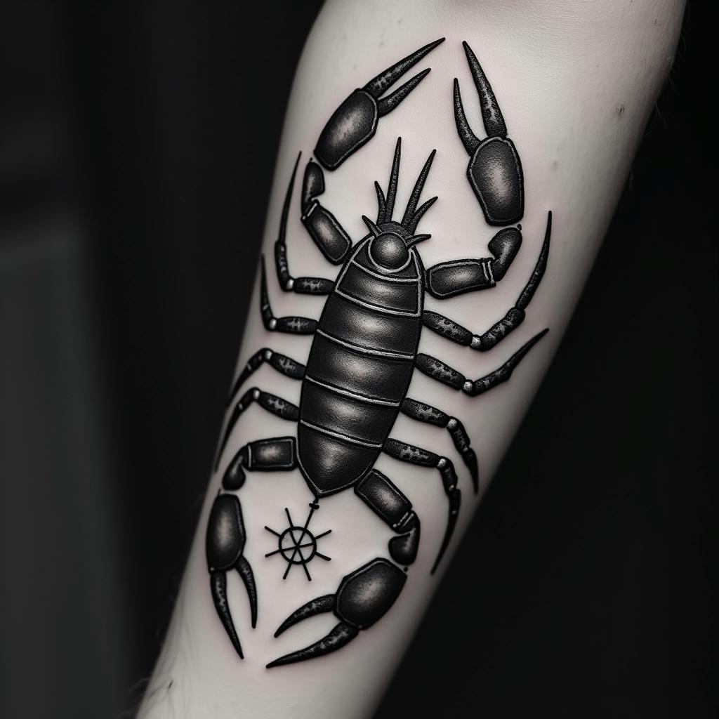 Scorpion with sharp, detailed clawsin paganic style tattoo, featuring ancient symbols, add vegvisir symbol, mystical figures, incorporating designs, pentagrams, runes, crescent moons, - Variation 4