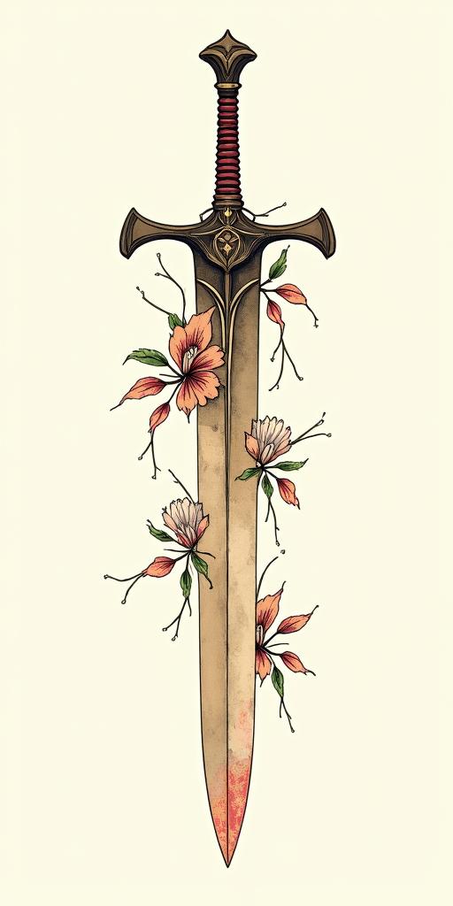 Assassins creed hidden blade with flowers, thorns blood and vines intertwined Ghibli, Studio Ghibli aesthetic, hand-drawn anime style, retro nostalgic atmosphere, retro soft pastel color palette with earthy tones, retro Japanese cinematic shot, yellow tint effect, bald character, smooth surface, anime shadow 90's anime style - Variation 2