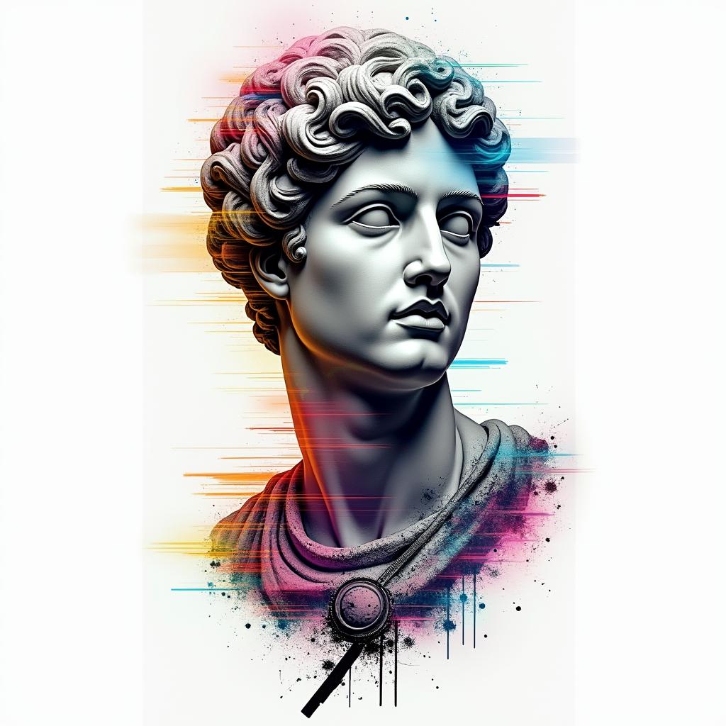 Mechanic toolsin distorted and fragmented tattoo design, featuring a classical statue bust, in a glitch art style with vibrant, overlapping colors of cyan, magenta, and yellow, creating a digital distortion effect - Variation 4