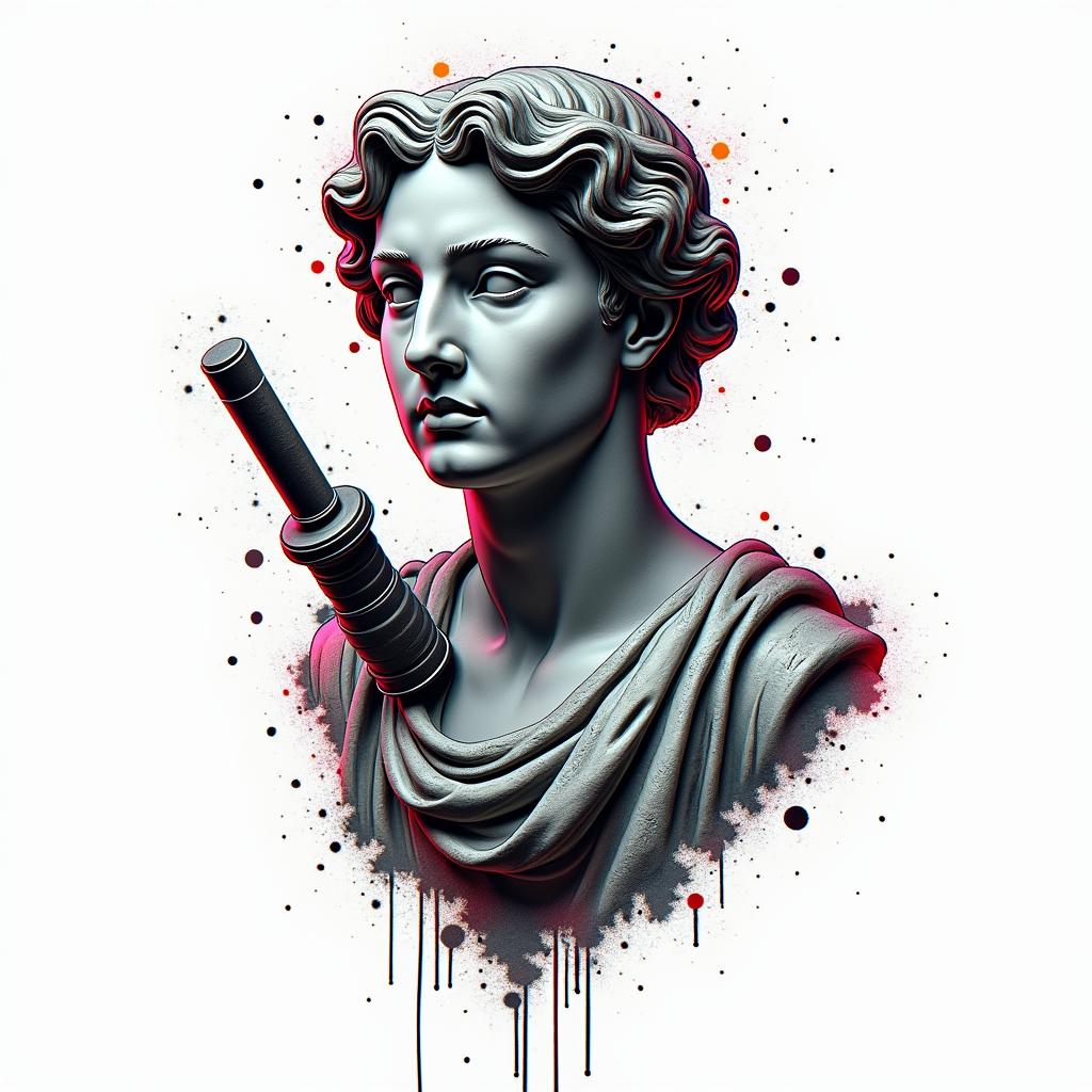 Mechanic toolsin distorted and fragmented tattoo design, featuring a classical statue bust, in a glitch art style with vibrant, overlapping colors of cyan, magenta, and yellow, creating a digital distortion effect - Variation 2