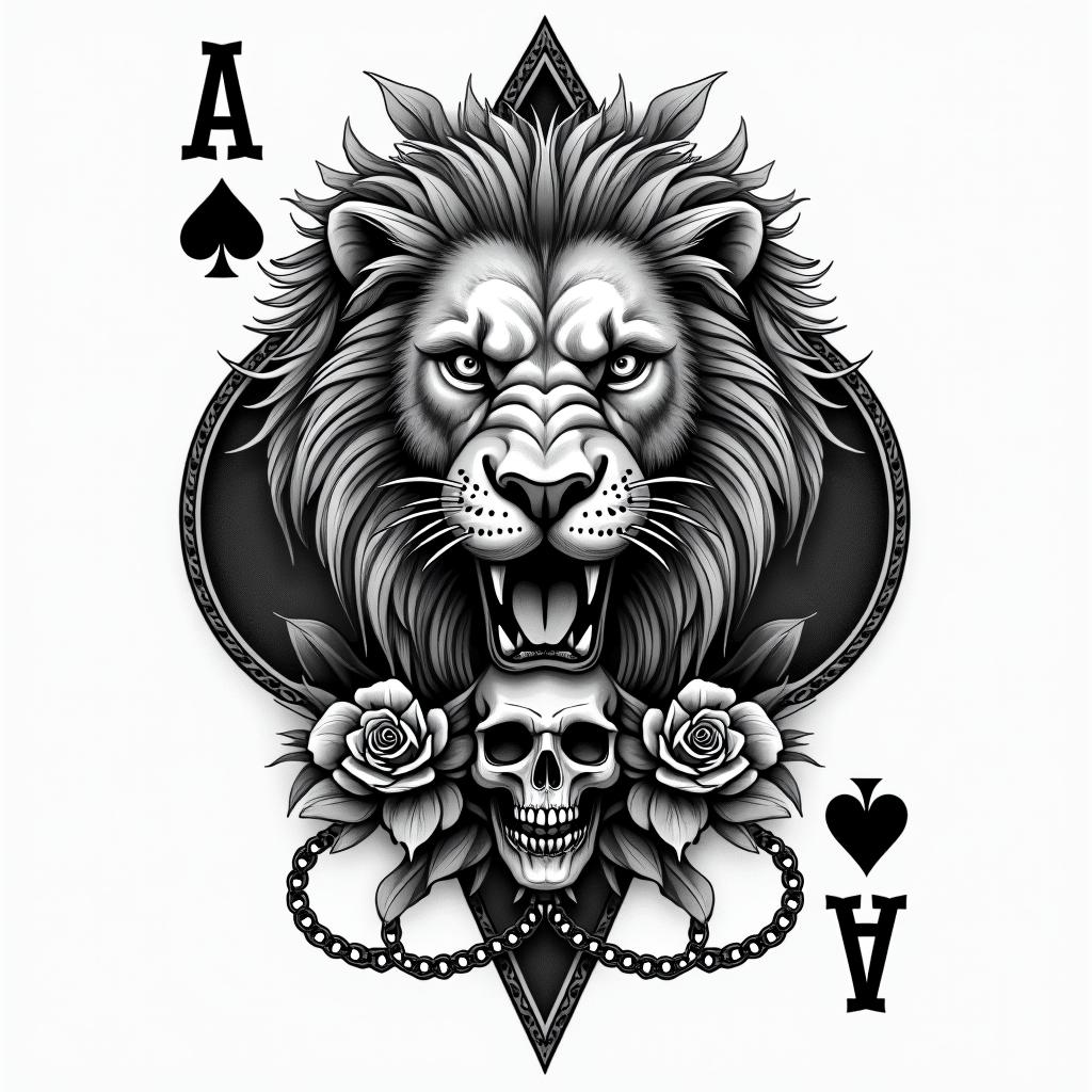 Ace of spades with lionin chicano style tattoo, featuring intricate black and grey shading, bold elements of traditional chicano culture symbols, add a big cross with skull, chains and roses - Variation 4