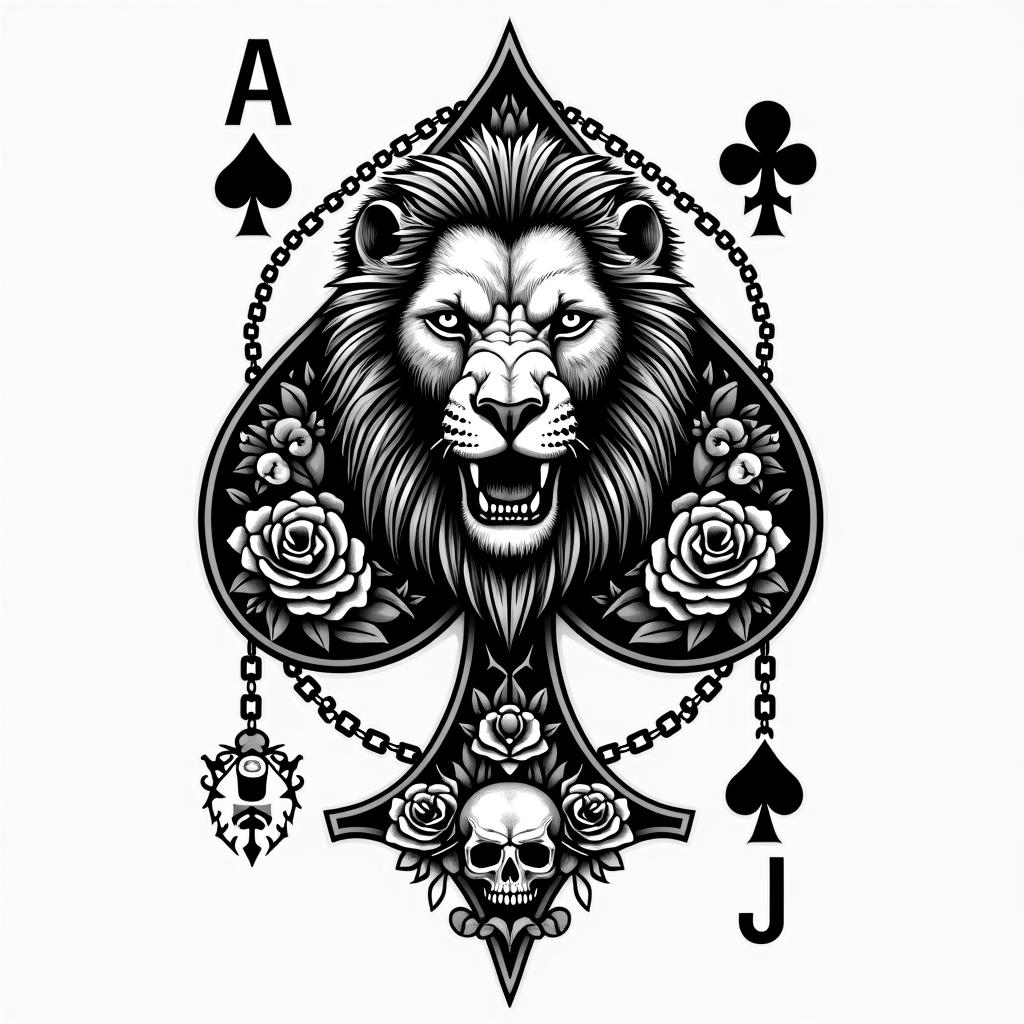 Ace of spades with lionin chicano style tattoo, featuring intricate black and grey shading, bold elements of traditional chicano culture symbols, add a big cross with skull, chains and roses