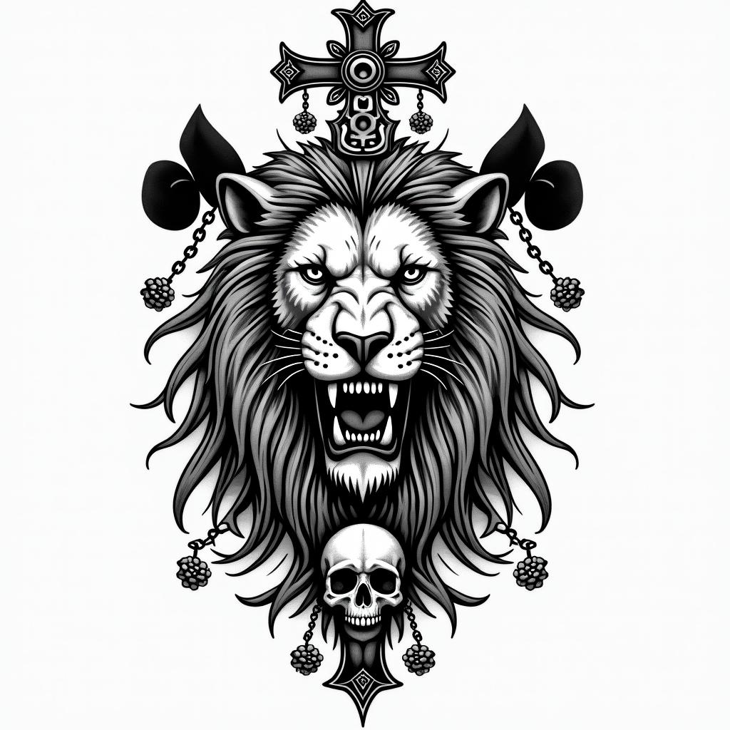 Ace of spades with lionin chicano style tattoo, featuring intricate black and grey shading, bold elements of traditional chicano culture symbols, add a big cross with skull, chains and roses - Variation 2
