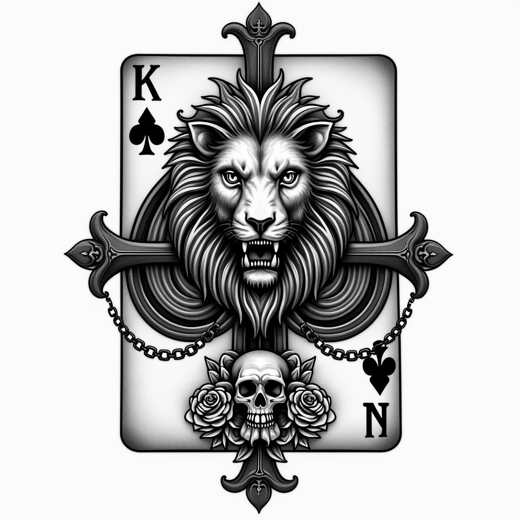 Ace of spades with lionin chicano style tattoo, featuring intricate black and grey shading, bold elements of traditional chicano culture symbols, add a big cross with skull, chains and roses - Variation 3