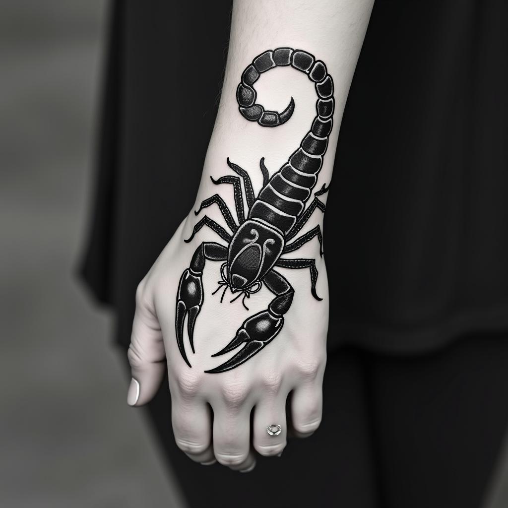Scorpion with sharp, detailed clawsin ornamental tattoo style, featuring intricate symmetrical patterns and floral designs, showcasing highly detailed line work and geometric shapes, creating a sense of elegance and balance - Variation 2