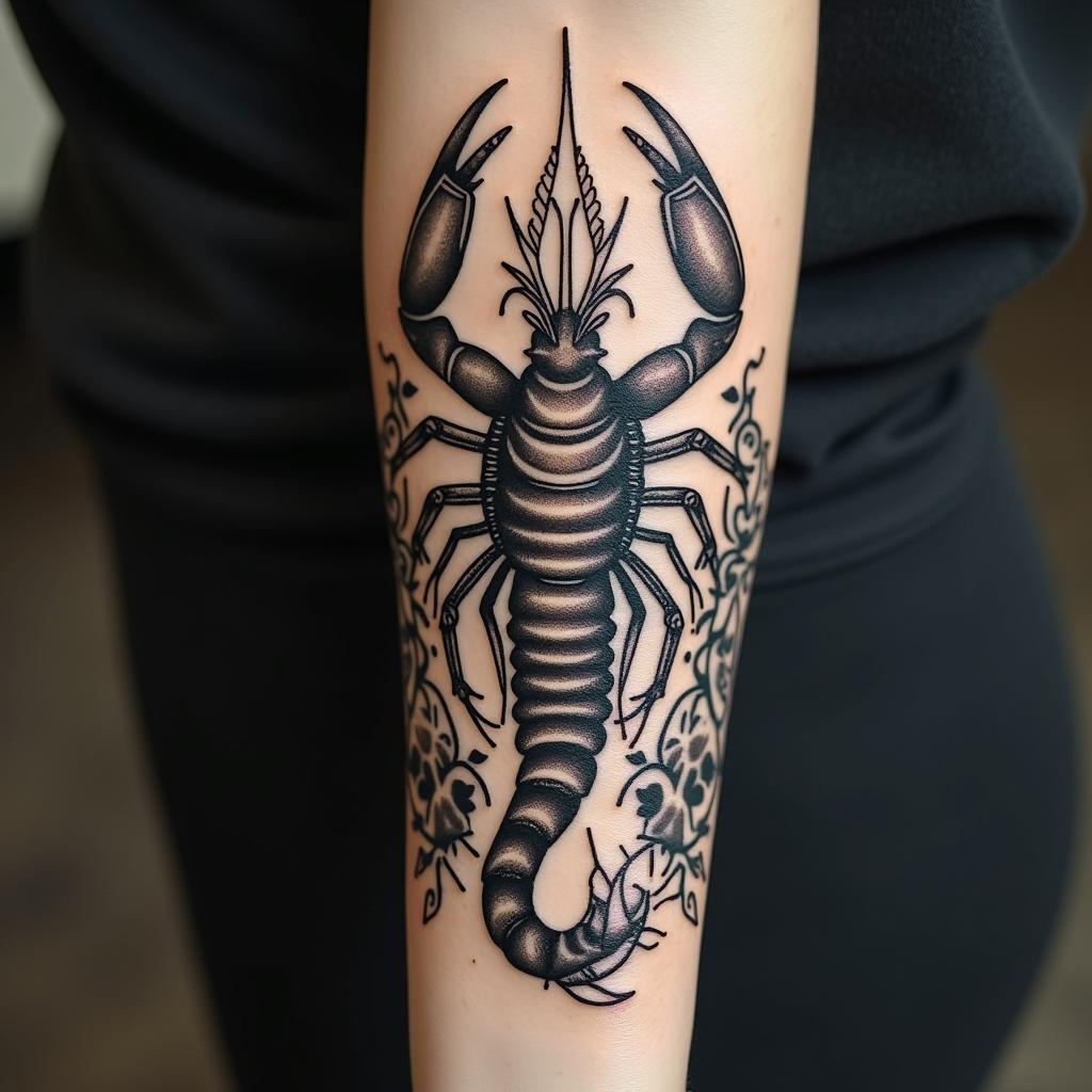 Scorpion with sharp, detailed clawsin ornamental tattoo style, featuring intricate symmetrical patterns and floral designs, showcasing highly detailed line work and geometric shapes, creating a sense of elegance and balance - Variation 3