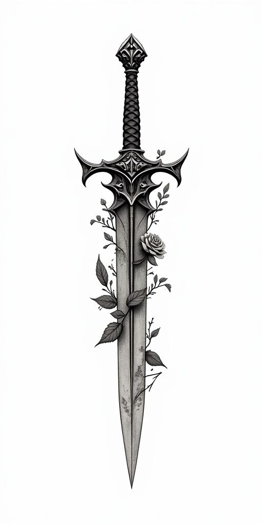 Assassins creed hidden blade with flowers, thorns blood and vines intertwined in elegant cursive calligraphy style 2d tattoo, decorate with roses, featuring a smooth and flowing handwritten script with slightly thickened strokes for a luxurious and bold appearance,  heart symbol between names,  sleek and glossy black text with shadowing, minimalist matte white background, clean and sharp edges, illuminated with soft lighting, romantic, 8k, high-quality textures with refined typography - Variation 6
