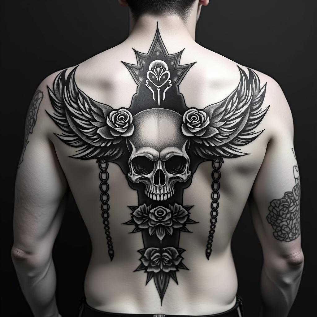 Viking, Maori skullin chicano style tattoo, featuring intricate black and grey shading, bold elements of traditional chicano culture symbols, add a big cross with skull, chains and roses - Variation 2