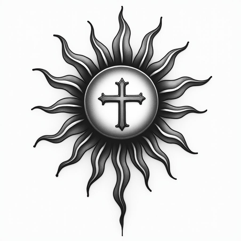 A tattoo design featuring a sun where the rays emanate from a central cross, symbolizing a journey of recovery and positivity. The sun represents upliftment, while the cross signifies faith, embodying a transformation from addiction to a focused, positive life centered around martial arts and love for family.higly detailed tattoo
