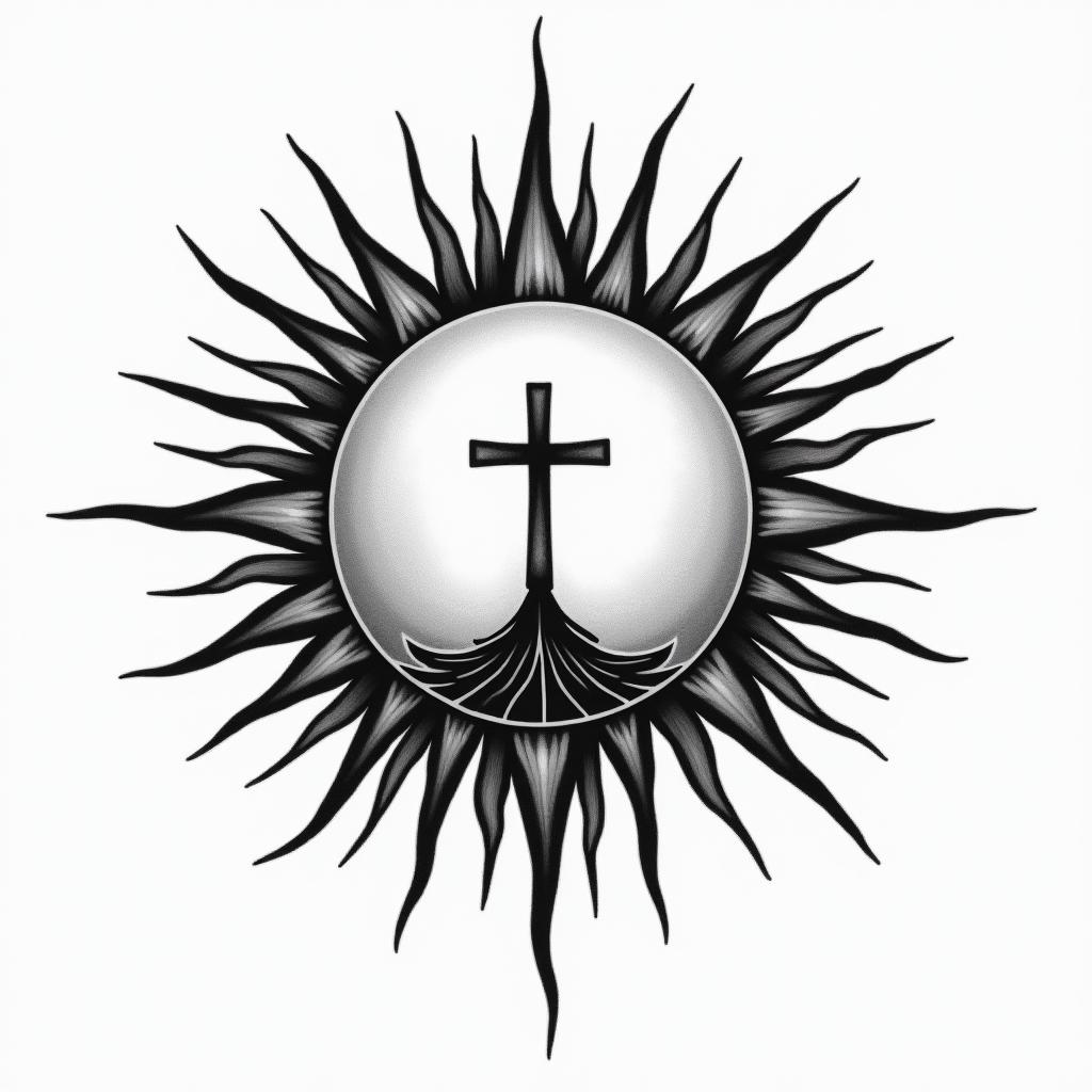 A tattoo design featuring a sun where the rays emanate from a central cross, symbolizing a journey of recovery and positivity. The sun represents upliftment, while the cross signifies faith, embodying a transformation from addiction to a focused, positive life centered around martial arts and love for family.higly detailed tattoo - Variation 2