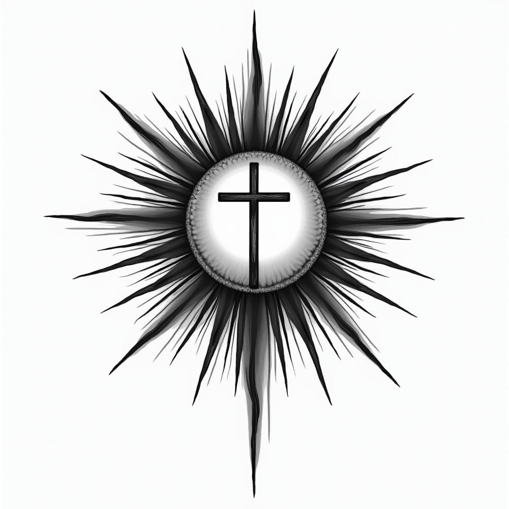 A tattoo design featuring a sun where the rays emanate from a central cross, symbolizing a journey of recovery and positivity. The sun represents upliftment, while the cross signifies faith, embodying a transformation from addiction to a focused, positive life centered around martial arts and love for family.higly detailed tattoo - Variation 4