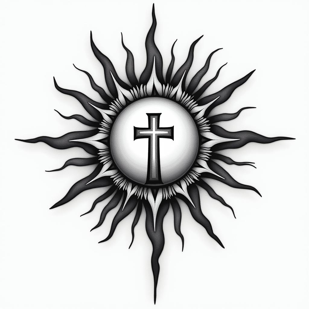 A tattoo design featuring a sun where the rays emanate from a central cross, symbolizing a journey of recovery and positivity. The sun represents upliftment, while the cross signifies faith, embodying a transformation from addiction to a focused, positive life centered around martial arts and love for family.higly detailed tattoo - Variation 3